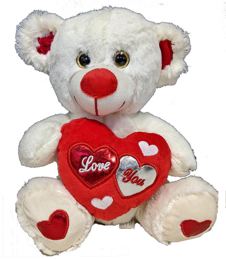 **White Teddy Bear w/ Red Heart - 9"